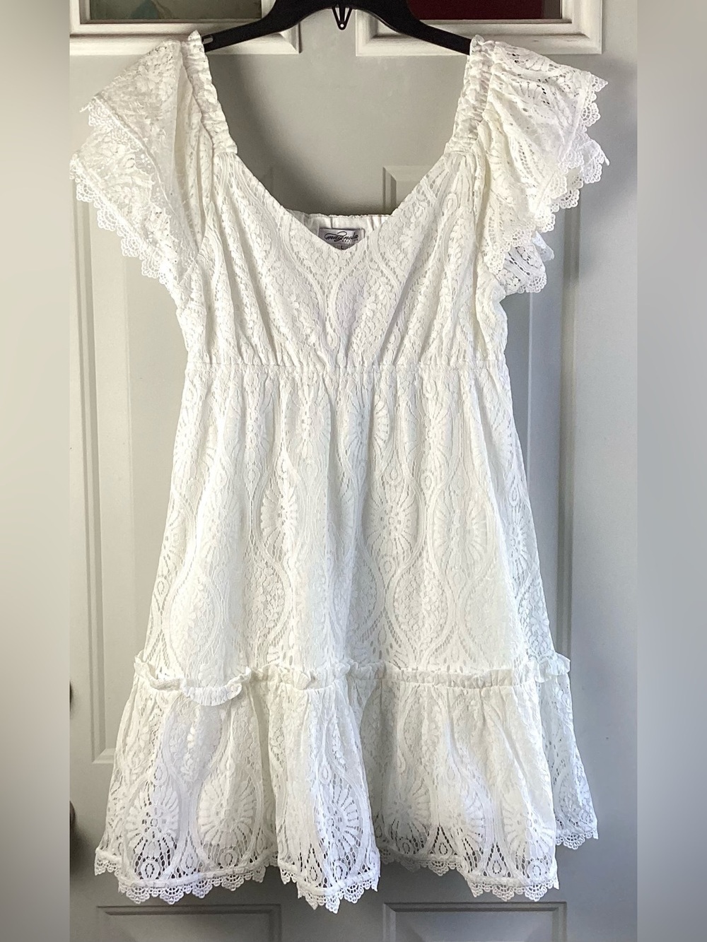 White Lace Mini Dress with Ruffle Sleeves